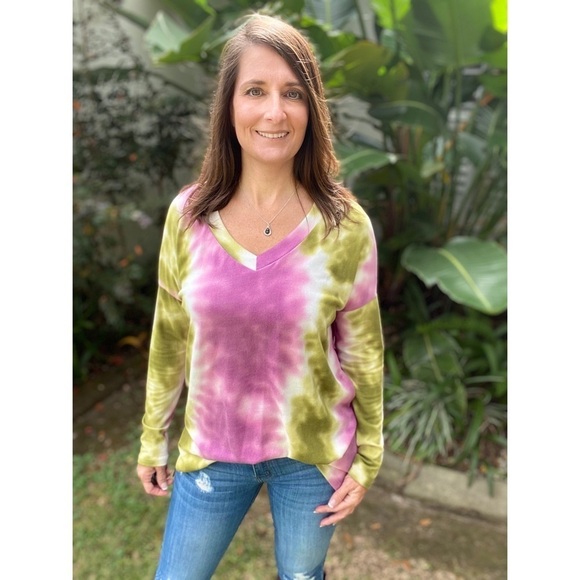Tie Dye Drop Shoulder Long Sleeve V-Neck Split Side Multi 4520 - Picture 5 of 7
